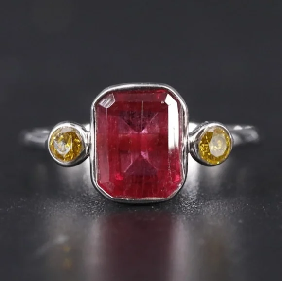 14K Gold Rubellite Tourmaline & Yellow Diamond Ring - Artisan Minimalist - Picture 1 of 4